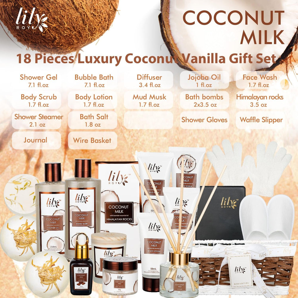 18Pcs Bath and Body Gift Basket Set for Women Mom - Coconut Vanilla Spa Gift Basket Luxury Bath & Body Set | Relaxing Self Care Pampering Gifts for Her, Birthday, Christmas, Mothers Day Gift Baskets - Absolute Discounts