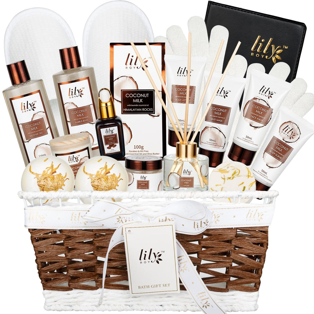 18Pcs Bath and Body Gift Basket Set for Women Mom - Coconut Vanilla Spa Gift Basket Luxury Bath & Body Set | Relaxing Self Care Pampering Gifts for Her, Birthday, Christmas, Mothers Day Gift Baskets - Absolute Discounts