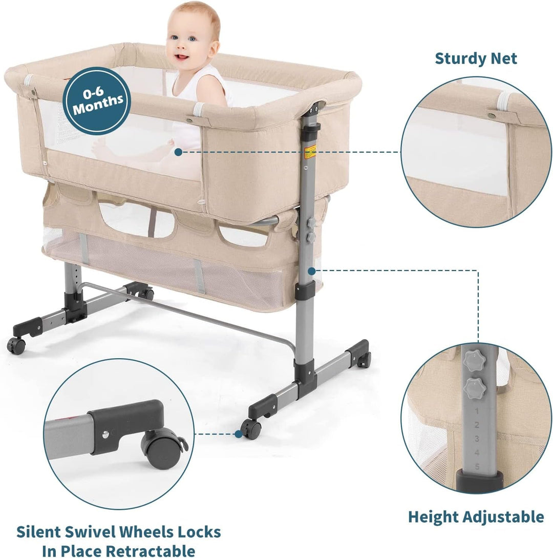 3In1 Bedside Crib for Girl or Boy, Bedside Sleeper for Baby Portable and Adjustable Crib with Mosquito Net for Newborn Baby,Deep Khaki - Absolute Discounts