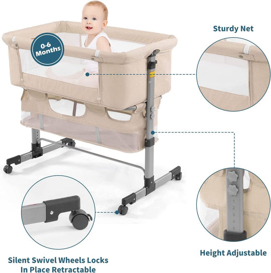 3In1 Bedside Crib for Girl or Boy, Bedside Sleeper for Baby Portable and Adjustable Crib with Mosquito Net for Newborn Baby,Deep Khaki - Absolute Discounts