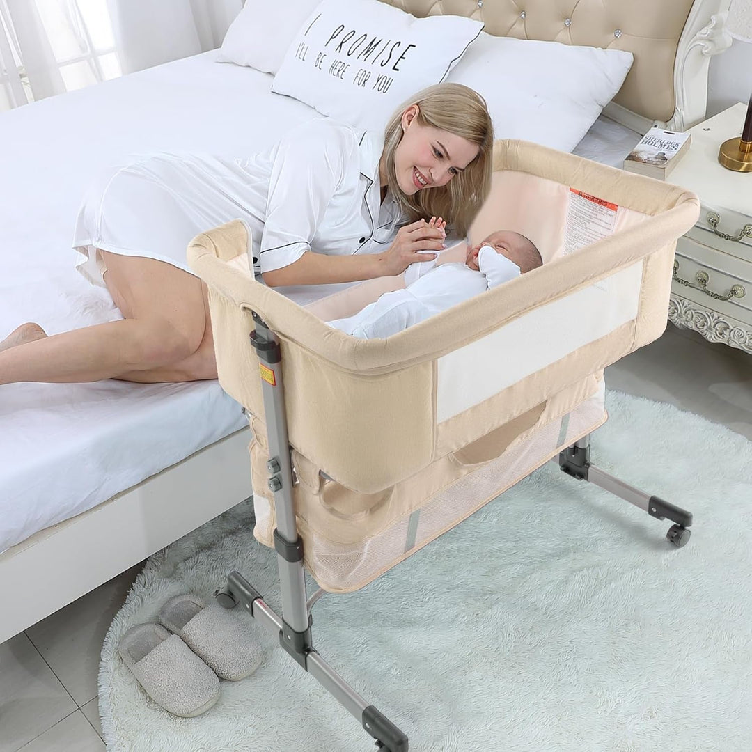 3In1 Bedside Crib for Girl or Boy, Bedside Sleeper for Baby Portable and Adjustable Crib with Mosquito Net for Newborn Baby,Deep Khaki - Absolute Discounts