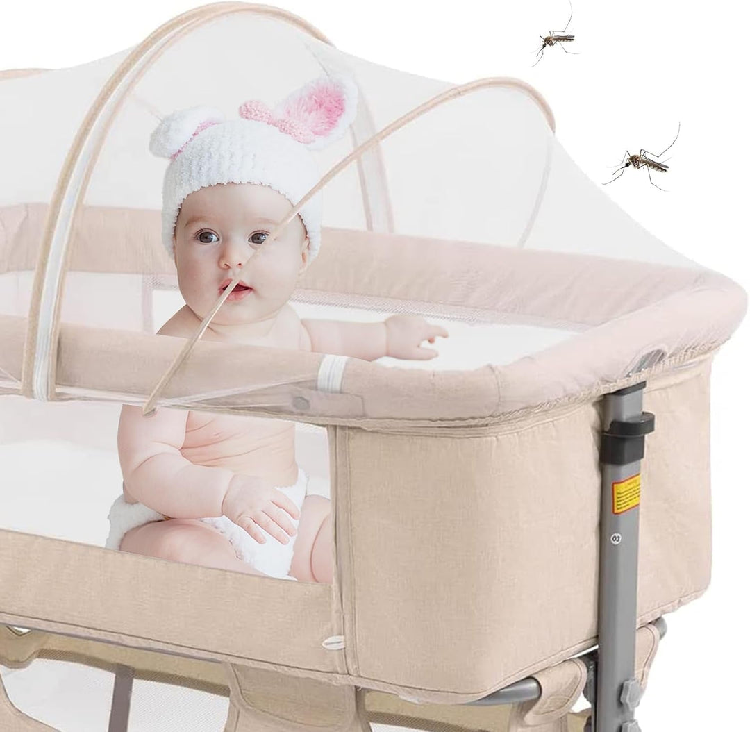 3In1 Bedside Crib for Girl or Boy, Bedside Sleeper for Baby Portable and Adjustable Crib with Mosquito Net for Newborn Baby,Deep Khaki - Absolute Discounts
