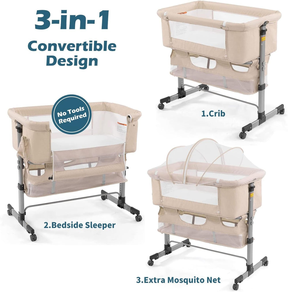 3In1 Bedside Crib for Girl or Boy, Bedside Sleeper for Baby Portable and Adjustable Crib with Mosquito Net for Newborn Baby,Deep Khaki - Absolute Discounts