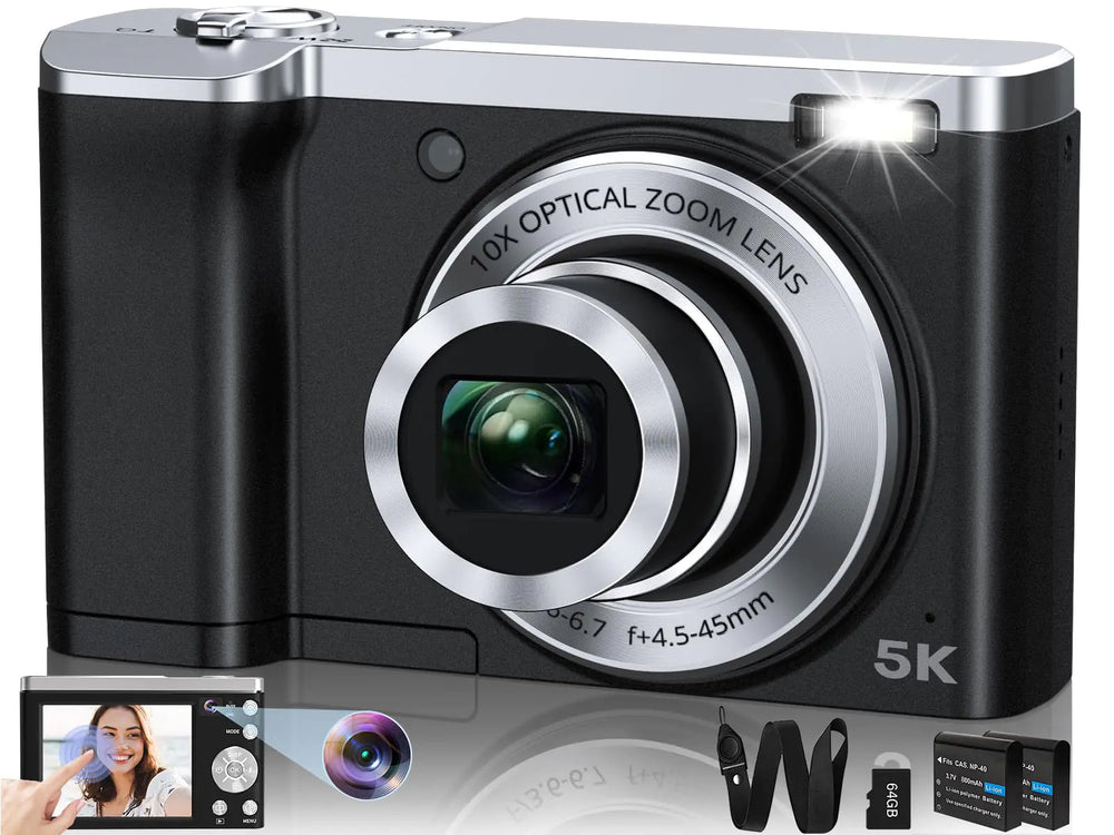 5K Digital Camera 56MP Cameras for Photography Autofocus10X Optical Zoom Vlogging Compact Camera with Front and Rear Camera6 - Axis Anti - ShakeTouch Screen with 64GB SD Card2 Batteries - Absolute Discounts