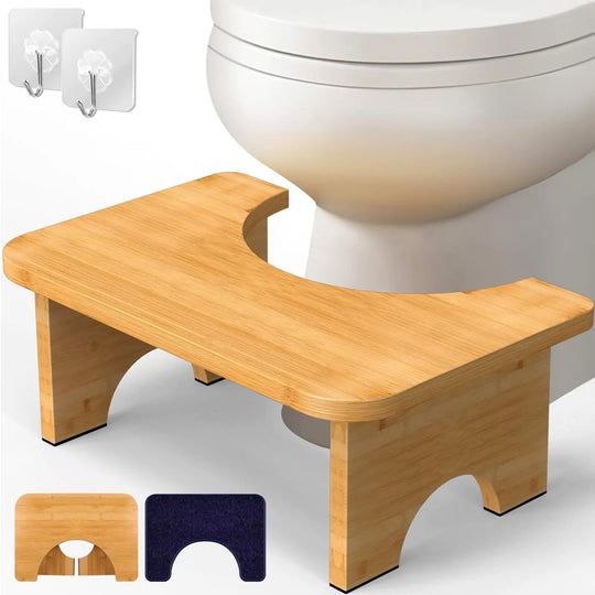 Vatex Bamboo Toilet Stool 7” Foldable Potty Poop Bathroom Stool with Extra Soft Microfiber Rug and Hooks Non - Slip Toilet Assistance Step Stool for Adult Improve Squatting Posture - Healthy Gifts - Absolute Discounts