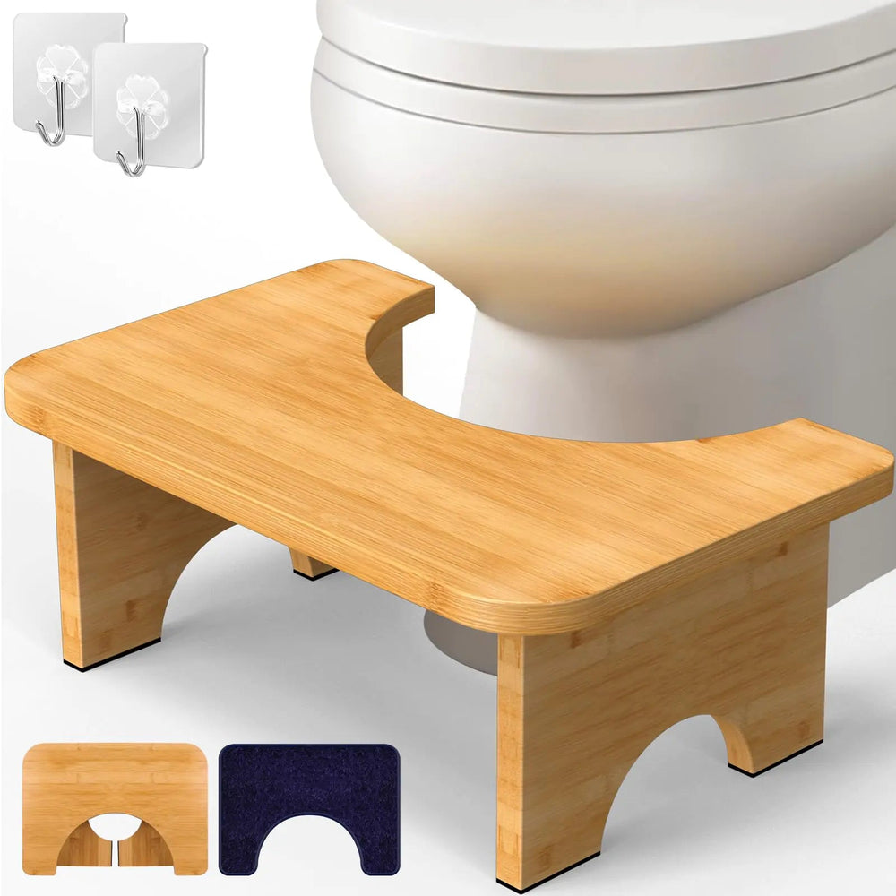 Vatex Bamboo Toilet Stool 7” Foldable Potty Poop Bathroom Stool with Extra Soft Microfiber Rug and Hooks Non - Slip Toilet Assistance Step Stool for Adult Improve Squatting Posture - Healthy Gifts - Absolute Discounts