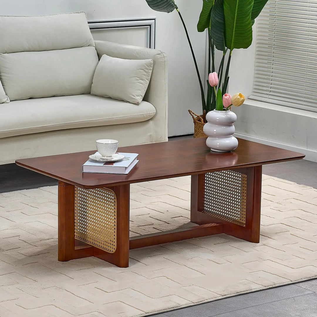 VVSHRIV Rattan Coffee Table 42.5 Inch Rectangular Solid Wood Coffee Table with PE Rattan Stand Center Coffee Table for Living Room - Absolute Discounts