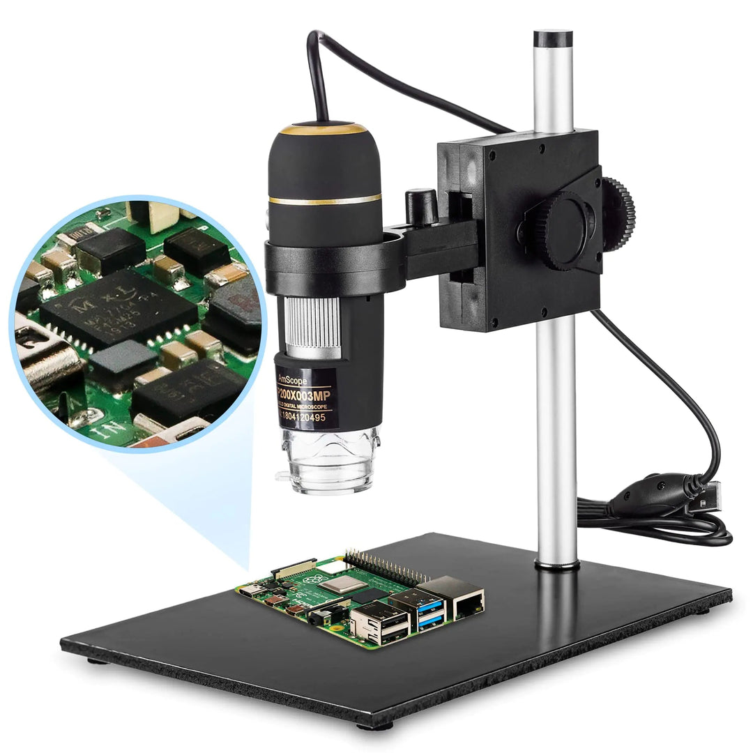 Amscope UTP200X003MP Digital 2MP USB Microscope 10X - 200X Magnification Built - In Eight LED Light Source Table Stand Includes Software CD Black - Absolute Discounts