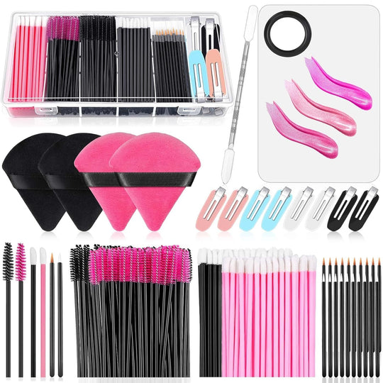 Disposable Makeup Applicators Kit with Triangle Puff Mixing Palette, Artist Supplies Disposable Mascara Wands, Lip Brushes, Hair Clips Powder Puffs for Face with Storage Box - Absolute Discounts