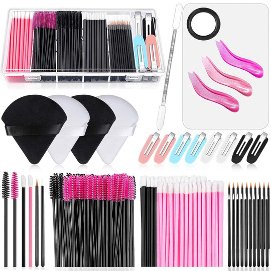 Disposable Makeup Applicators Kit with Triangle Puff Mixing Palette, Artist Supplies Disposable Mascara Wands, Lip Brushes, Hair Clips Powder Puffs for Face with Storage Box - Absolute Discounts