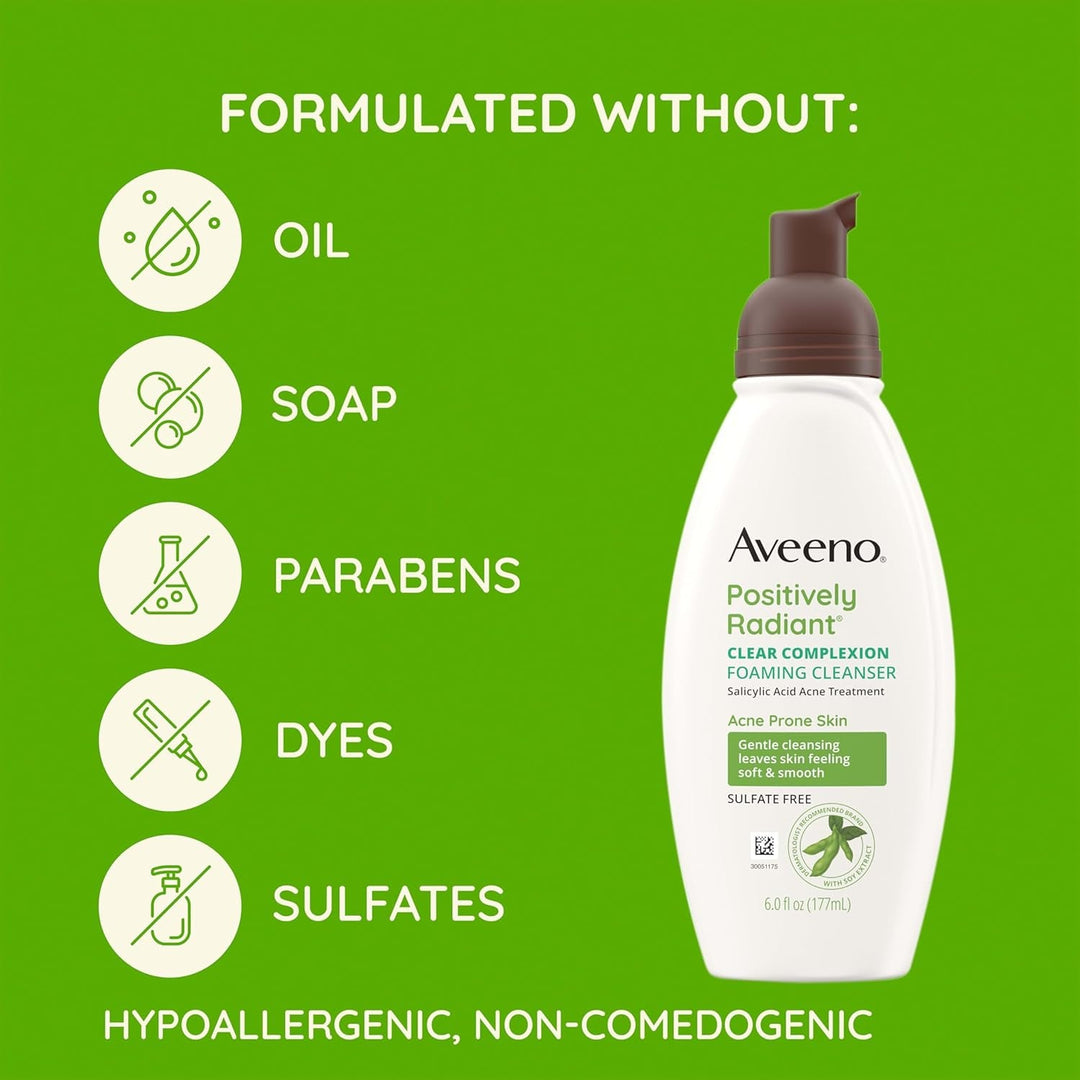 Aveeno Clear Complexion Foaming Oil - Free Facial Cleanser with Soy Extract & 0.5% Salicylic Acid, Acne Treatment Face Wash for Acne - Prone Skin, Sulfate - Free & Hypoallergenic, 6 Fl. Oz - Absolute Discounts