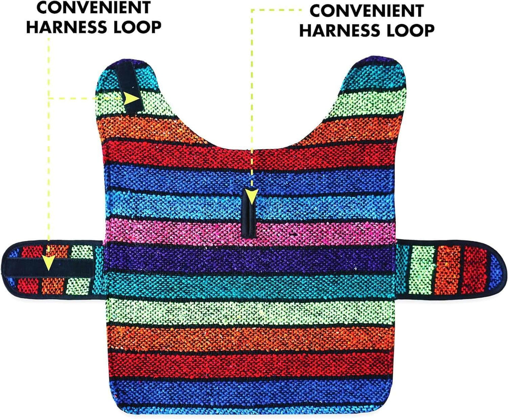 Handmade dog poncho showcasing colorful striped design with convenient harness loop for small and large dogs.