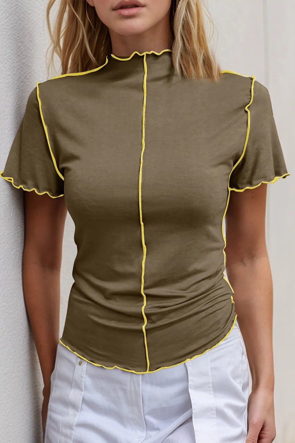 Basic Bae Contrast Trim Mock Neck Short Sleeve T-Shirt - Absolute Discounts