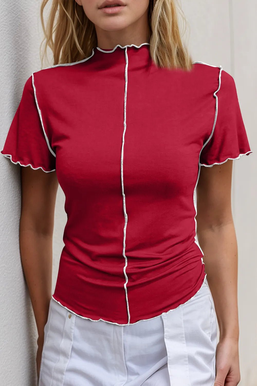 Basic Bae Contrast Trim Mock Neck Short Sleeve T-Shirt - Absolute Discounts