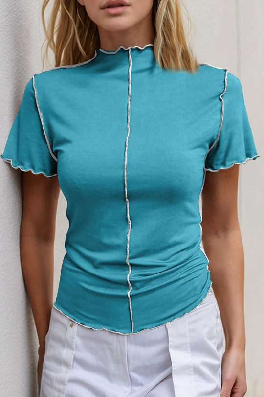 Basic Bae Contrast Trim Mock Neck Short Sleeve T-Shirt - Absolute Discounts