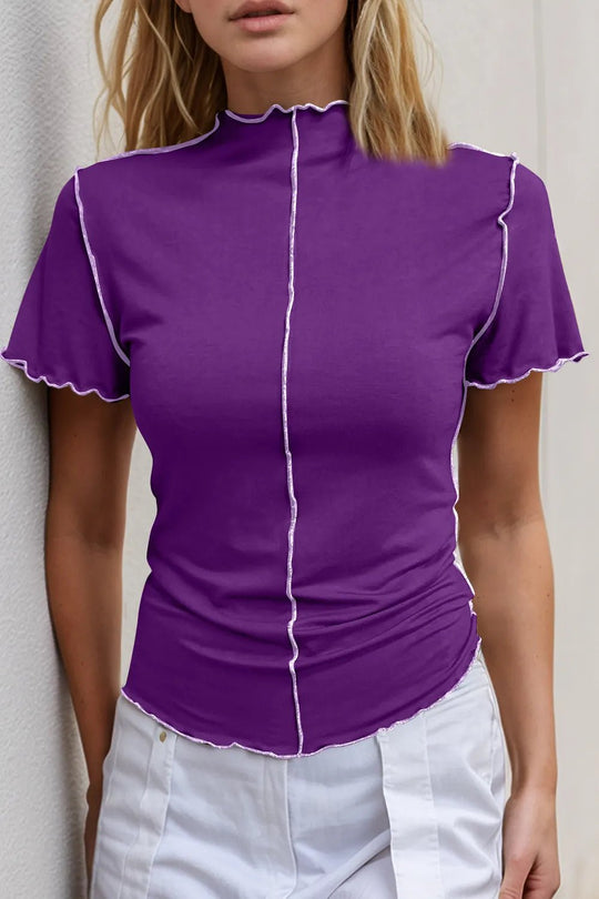 Basic Bae Contrast Trim Mock Neck Short Sleeve T-Shirt - Absolute Discounts