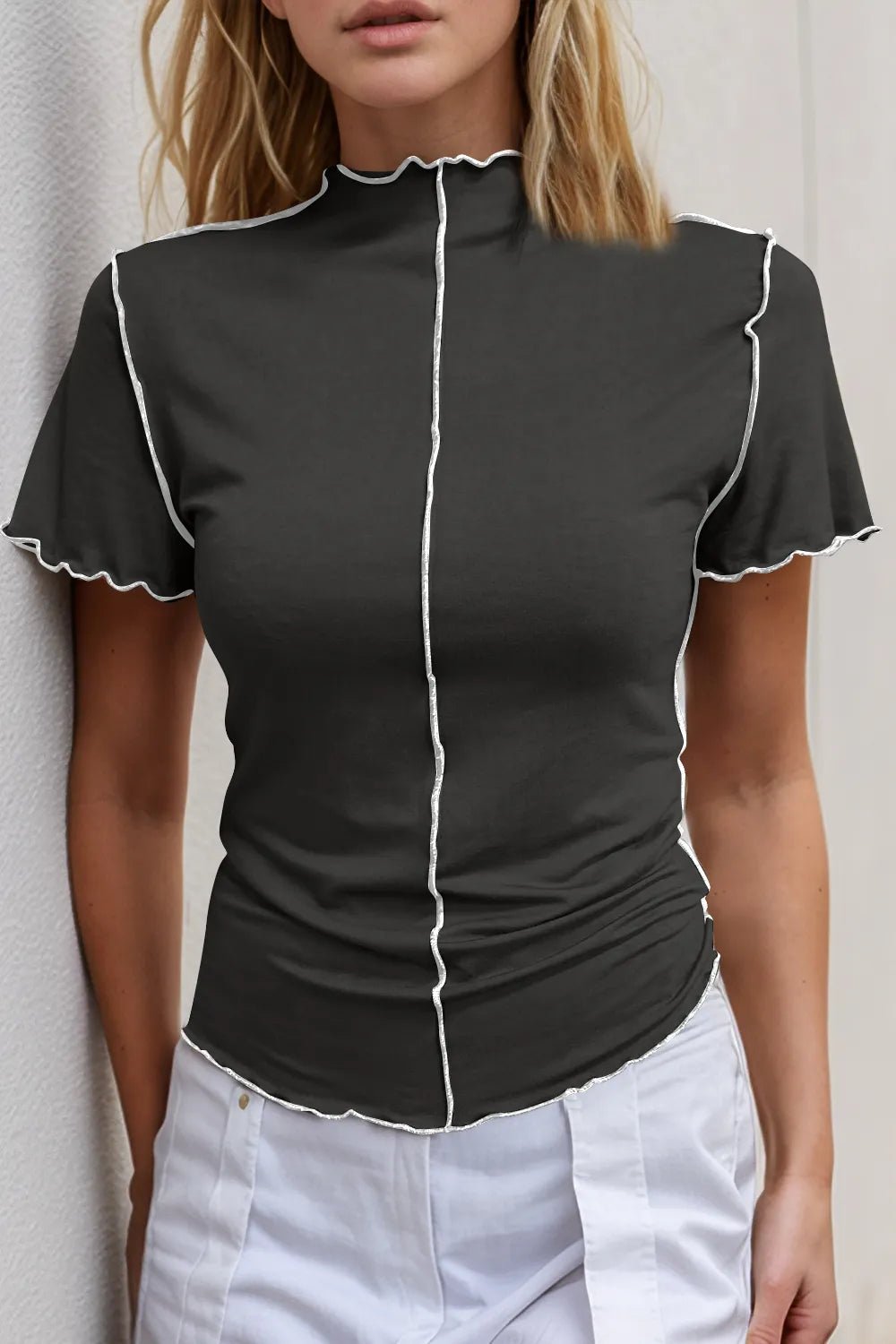 Basic Bae Contrast Trim Mock Neck Short Sleeve T-Shirt - Absolute Discounts
