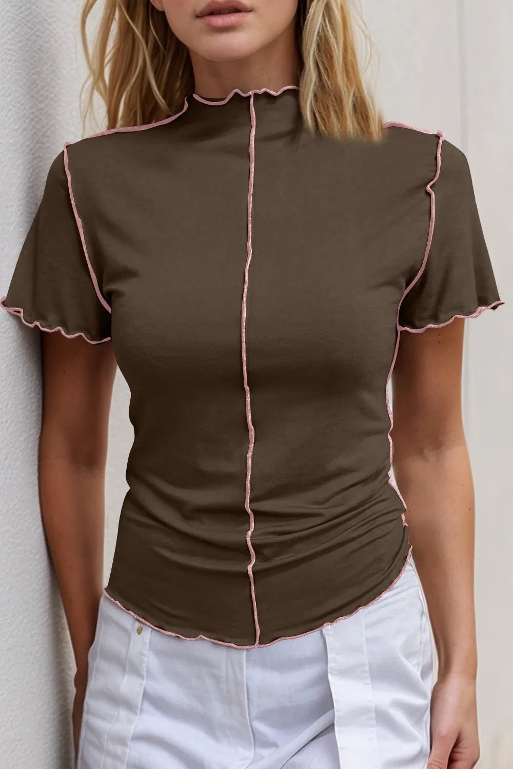 Basic Bae Contrast Trim Mock Neck Short Sleeve T-Shirt - Absolute Discounts