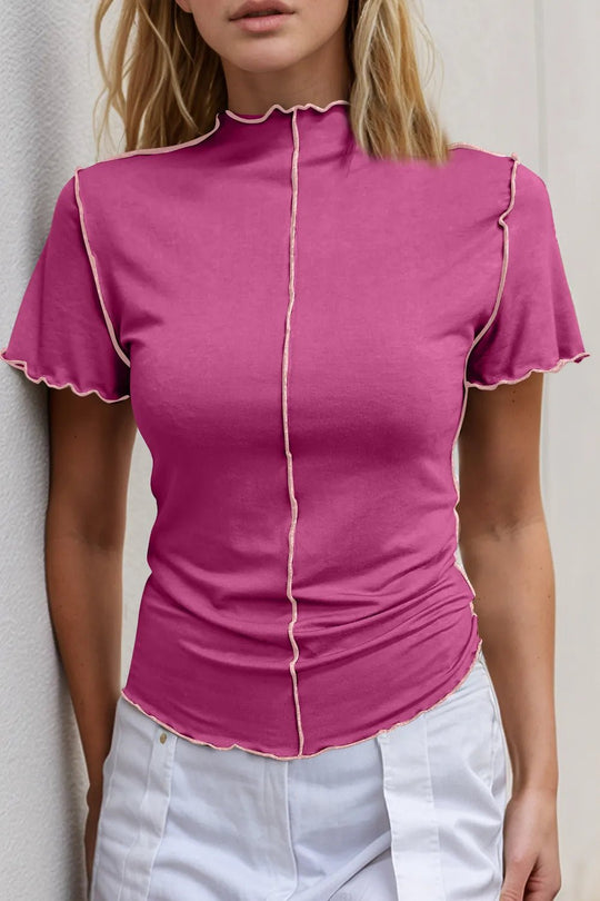 Basic Bae Contrast Trim Mock Neck Short Sleeve T-Shirt - Absolute Discounts