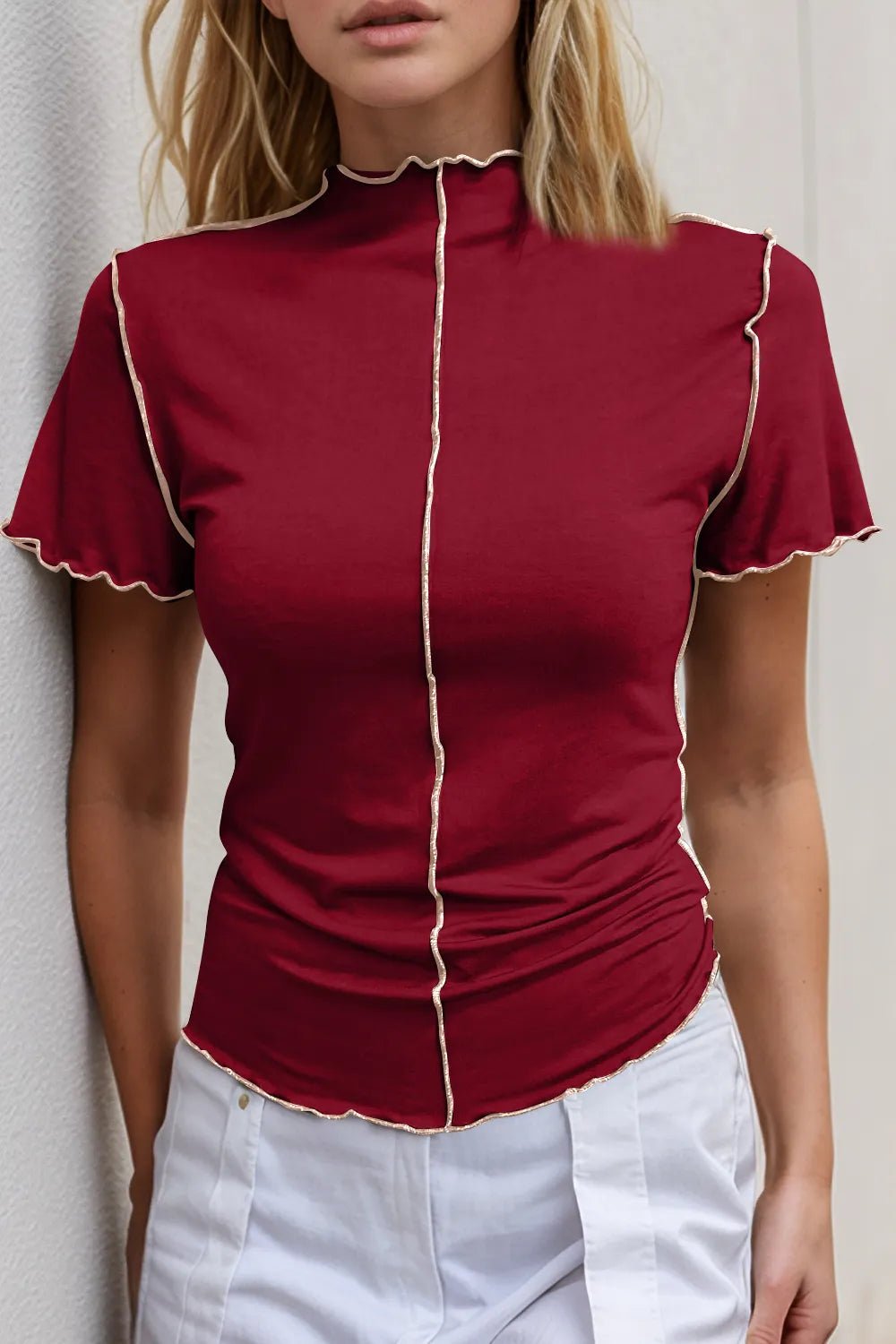 Basic Bae Contrast Trim Mock Neck Short Sleeve T-Shirt - Absolute Discounts