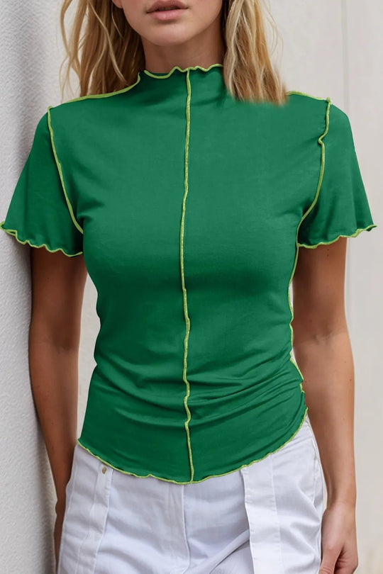 Basic Bae Contrast Trim Mock Neck Short Sleeve T-Shirt - Absolute Discounts