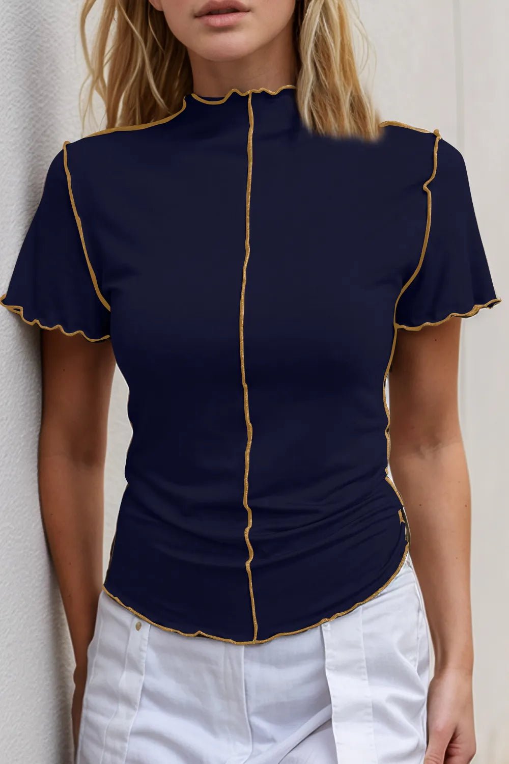 Basic Bae Contrast Trim Mock Neck Short Sleeve T-Shirt - Absolute Discounts