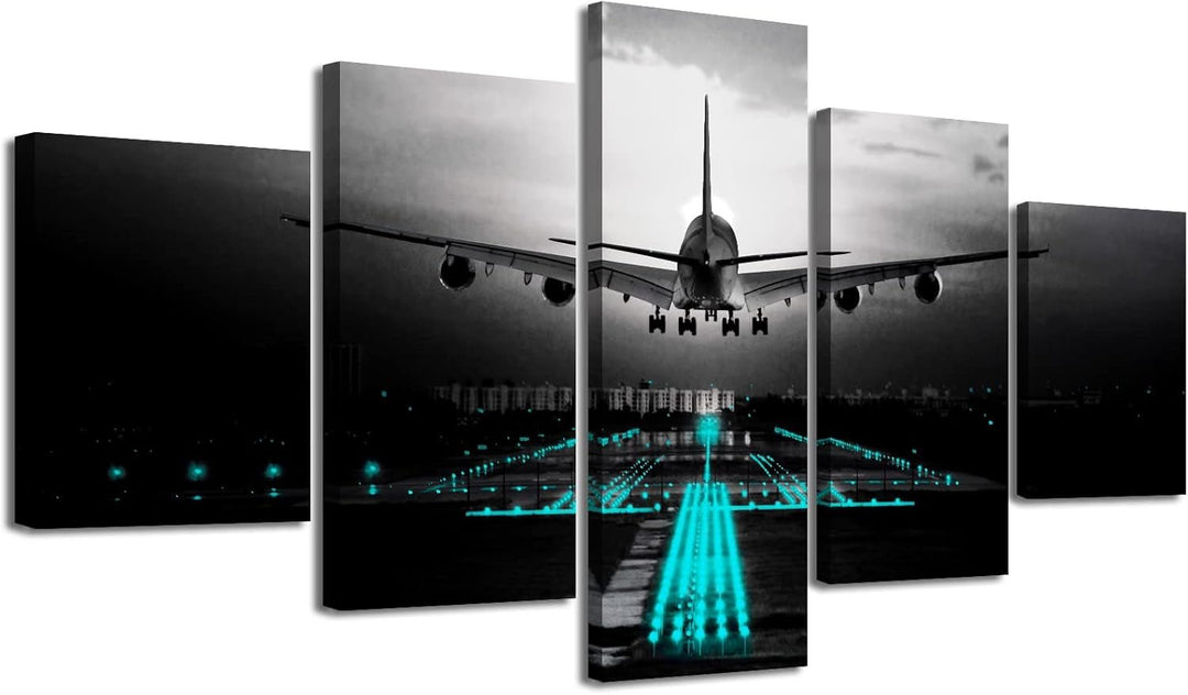 Black Teal Airplane Wall Art Vintage Airplane Wall Decor Canvas Abstract Aviation Painting Decor Print and Framed Artwork for Modern Home Office Large Size Bedroom Decorations 60" W X 32" H - Absolute Discounts