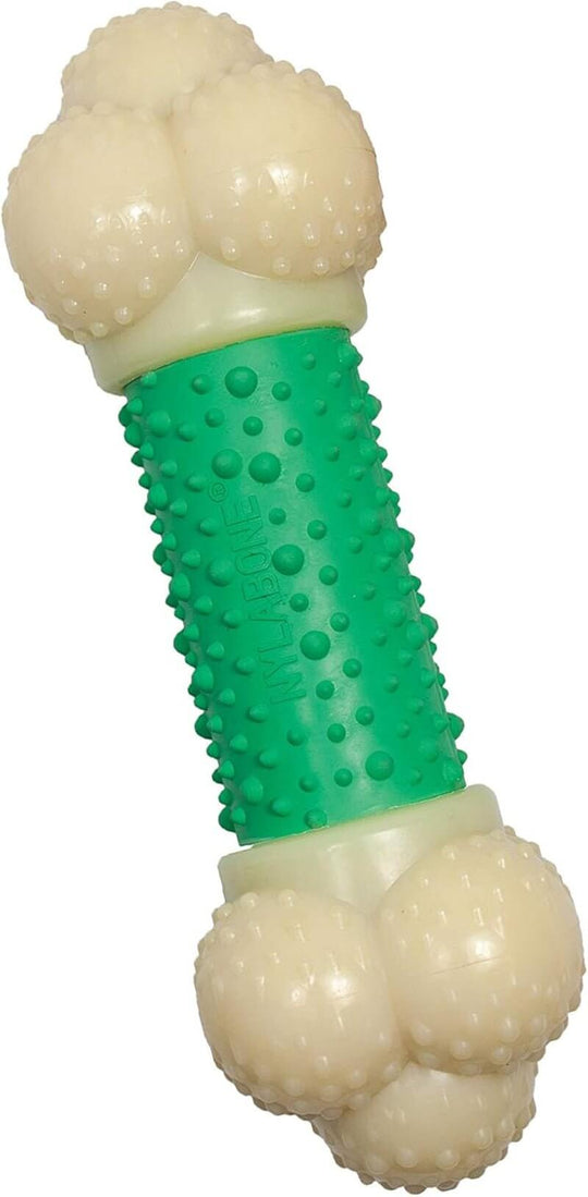 Nylabone Double Action Bone Power Chew Toy for aggressive chewers, durable nylon, with ridges for dental health.