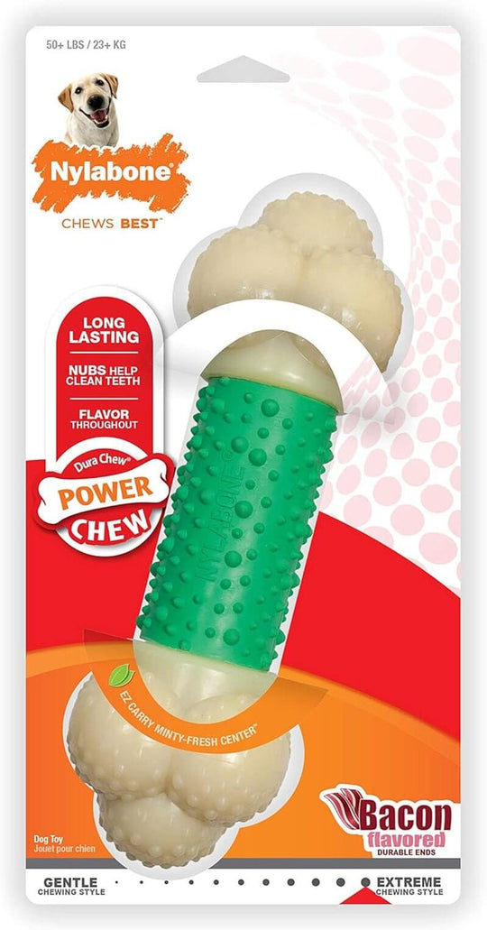 Nylabone Double Action Bone Power Chew Toy for Dogs, Dog Toys for Aggressive Chewers, Bacon Flavor, X - Large - 50+ Lbs, 1 Count - Absolute Discounts