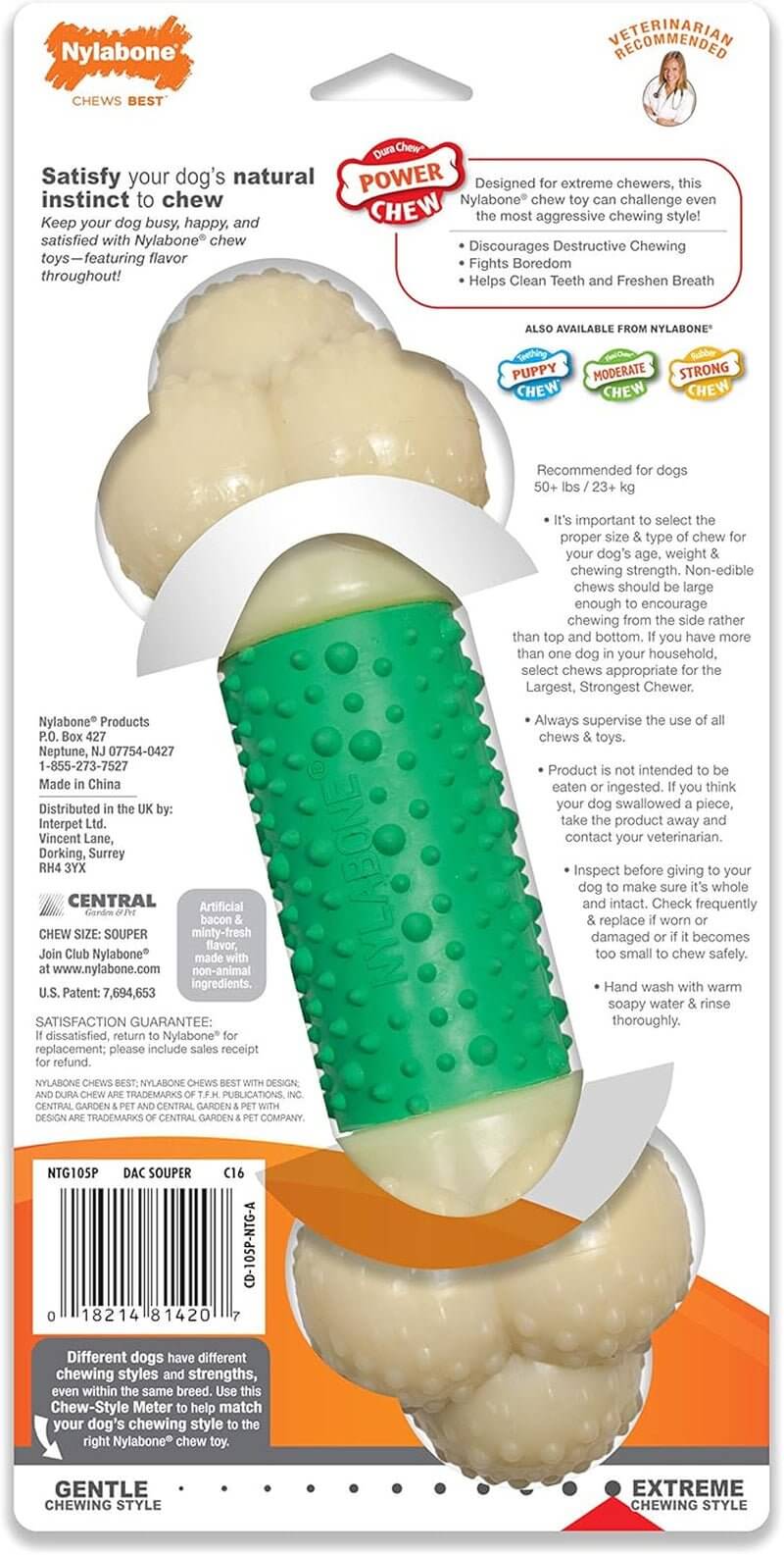 Nylabone Double Action Bone Power Chew Toy for Dogs, Dog Toys for Aggressive Chewers, Bacon Flavor, X - Large - 50+ Lbs, 1 Count - Absolute Discounts