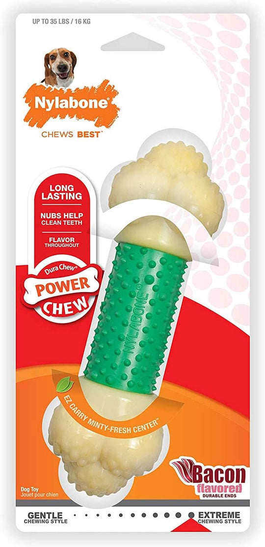 Nylabone Double Action Bone Power Chew Toy for Dogs, Dog Toys for Aggressive Chewers, Bacon Flavor, X - Large - 50+ Lbs, 1 Count - Absolute Discounts