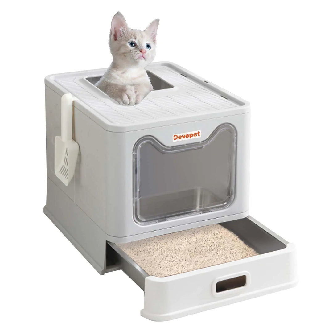 Devopet Stainless Steel Cat Litter Box Enclosed Litter Box with Lid Top Entry Foldable Litter Box Covered Metal Kitty Litter Box Large Litter Box with Cover Non - StickEasy Cleaning - Absolute Discounts