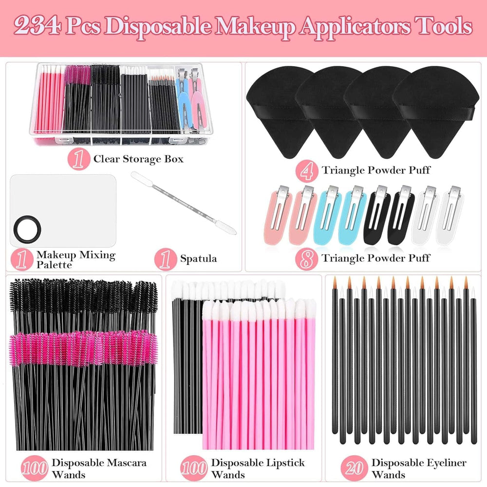 Disposable Makeup Applicators Kit with Triangle Puff Mixing Palette, Artist Supplies Disposable Mascara Wands, Lip Brushes, Hair Clips Powder Puffs for Face with Storage Box - Absolute Discounts