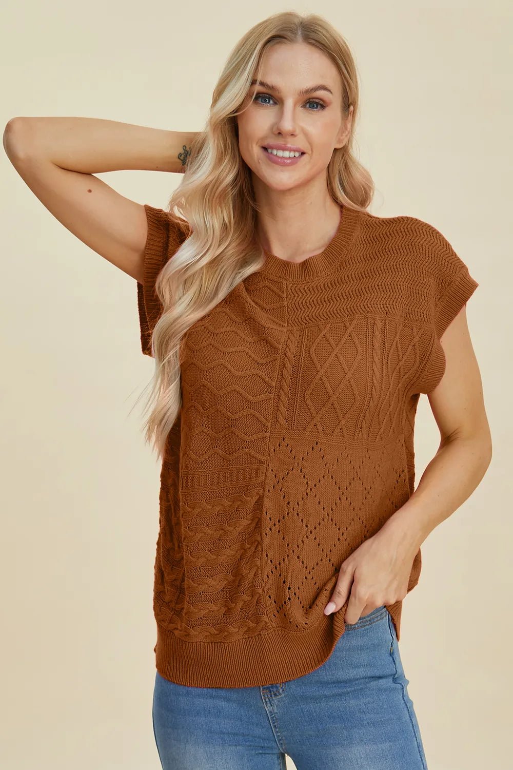 Double Take Full Size Cable - Knit Round Neck Cap Sleeve Sweater - Absolute Discounts