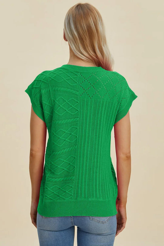 Double Take Full Size Cable - Knit Round Neck Cap Sleeve Sweater - Absolute Discounts