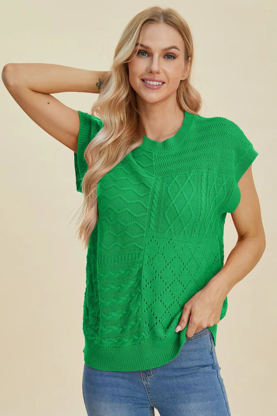 Double Take Full Size Cable - Knit Round Neck Cap Sleeve Sweater - Absolute Discounts