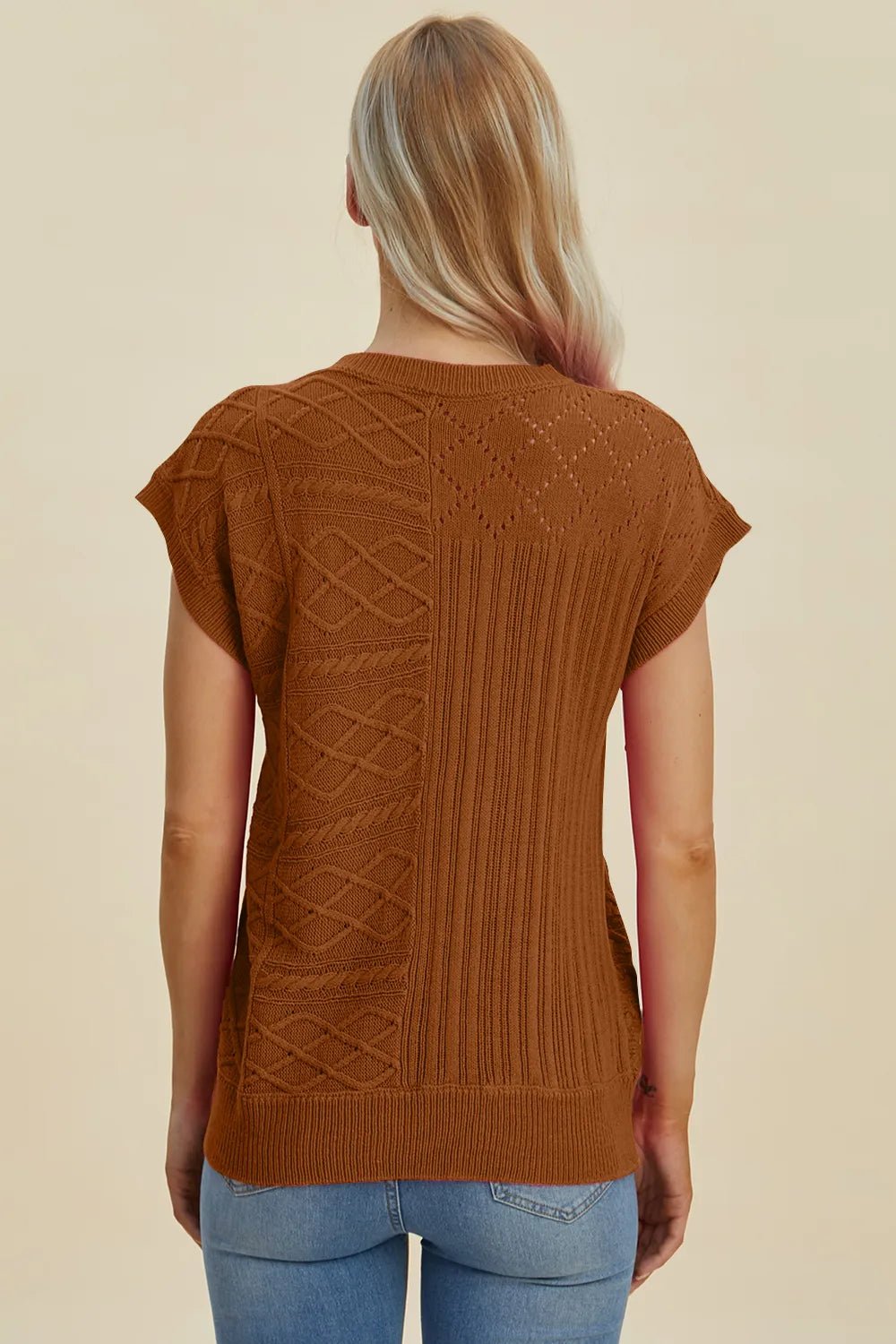 Double Take Full Size Cable - Knit Round Neck Cap Sleeve Sweater - Absolute Discounts
