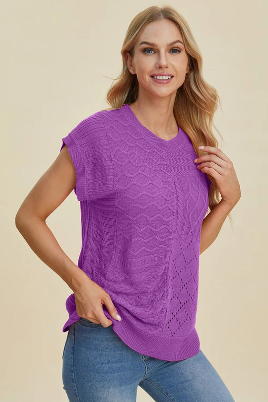 Double Take Full Size Cable - Knit Round Neck Cap Sleeve Sweater - Absolute Discounts