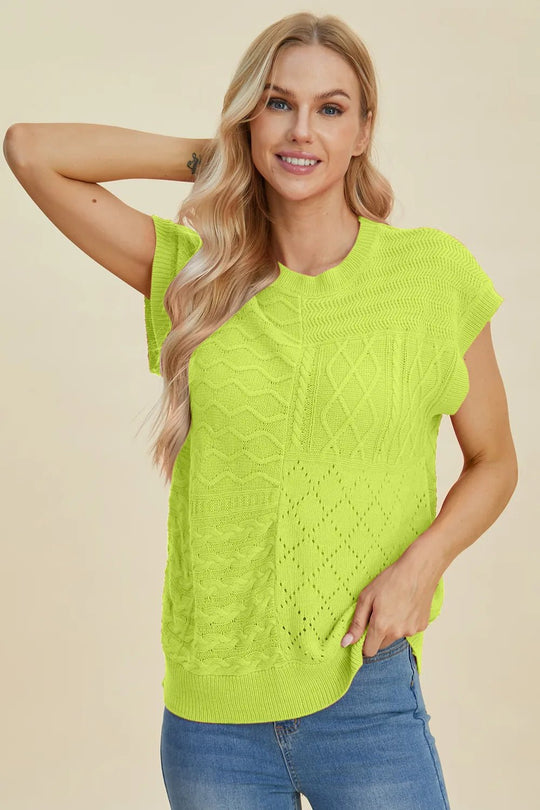 Double Take Full Size Cable - Knit Round Neck Cap Sleeve Sweater - Absolute Discounts