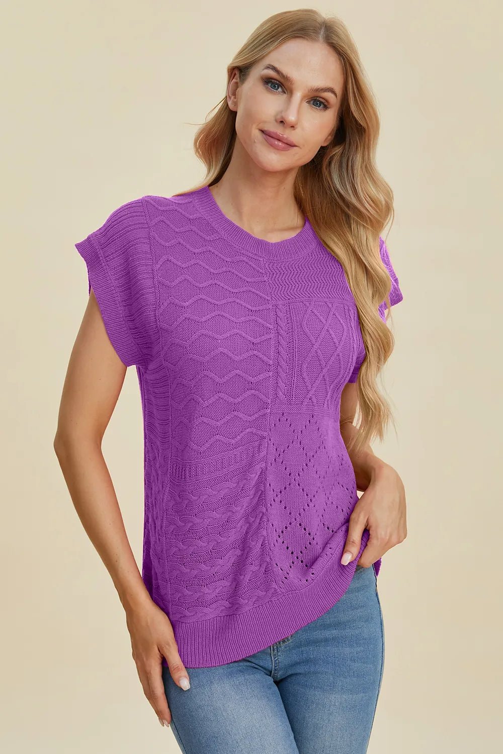 Double Take Full Size Cable - Knit Round Neck Cap Sleeve Sweater - Absolute Discounts