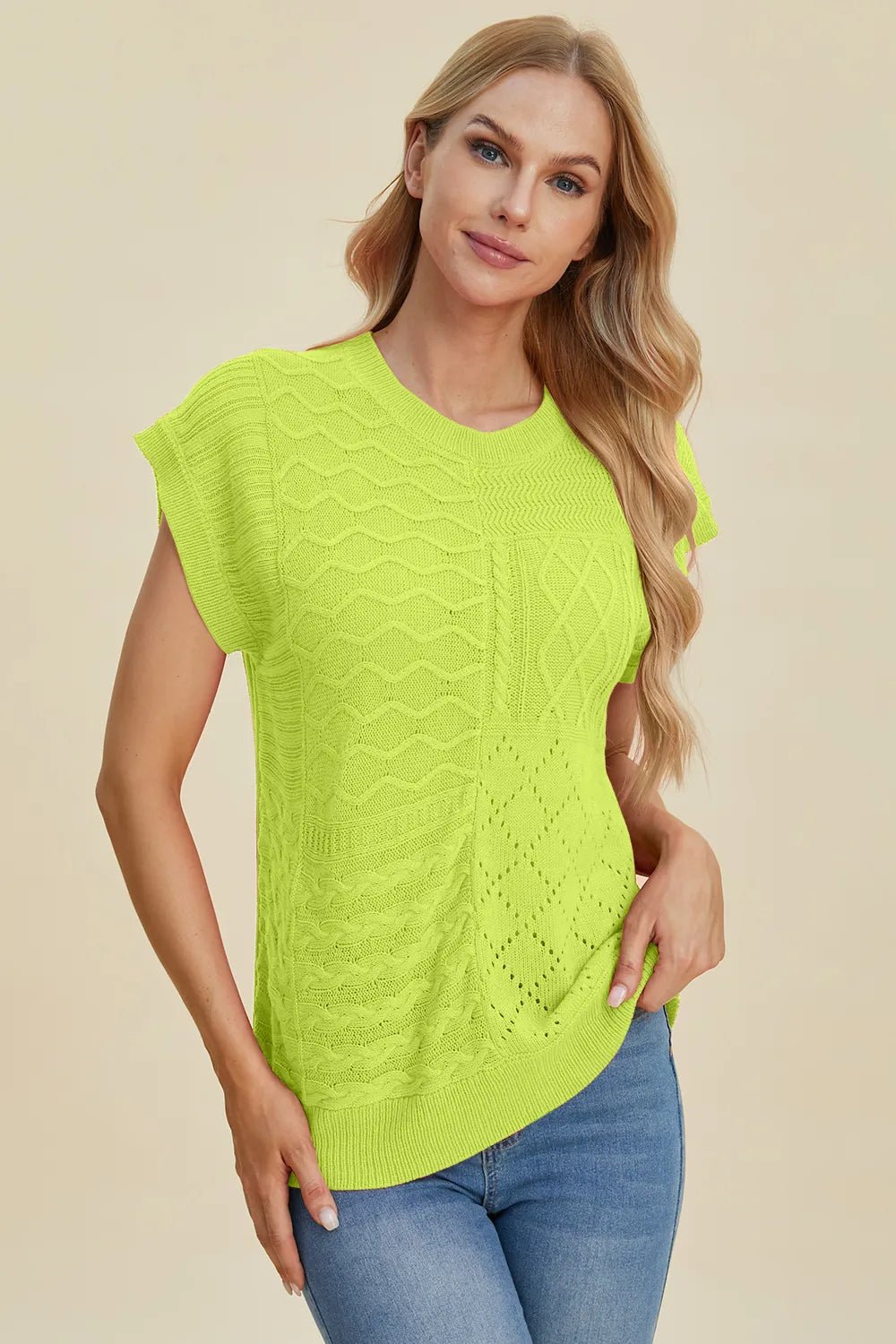 Double Take Full Size Cable - Knit Round Neck Cap Sleeve Sweater - Absolute Discounts