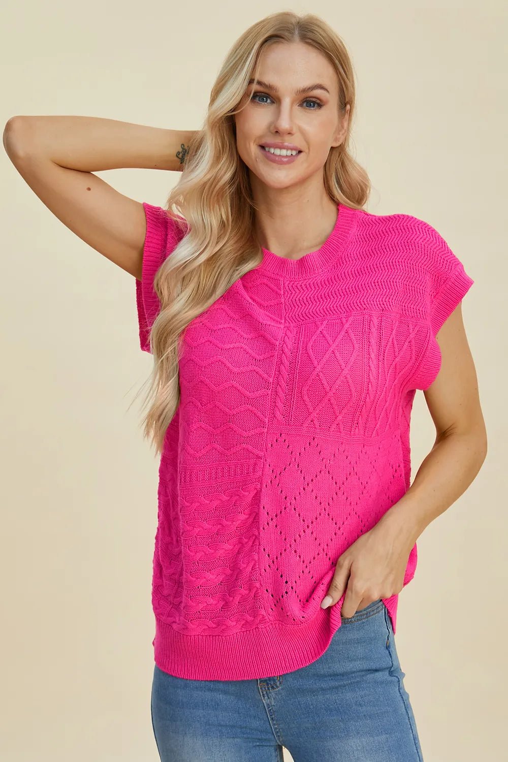 Double Take Full Size Cable - Knit Round Neck Cap Sleeve Sweater - Absolute Discounts