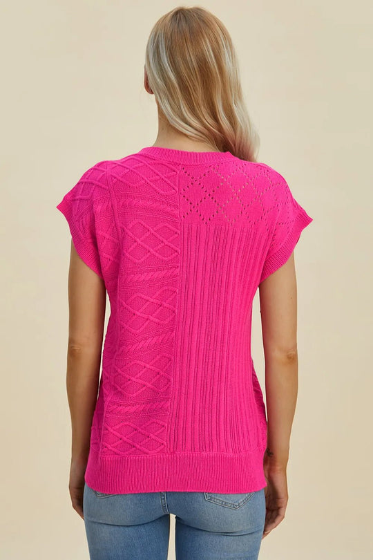 Double Take Full Size Cable - Knit Round Neck Cap Sleeve Sweater - Absolute Discounts