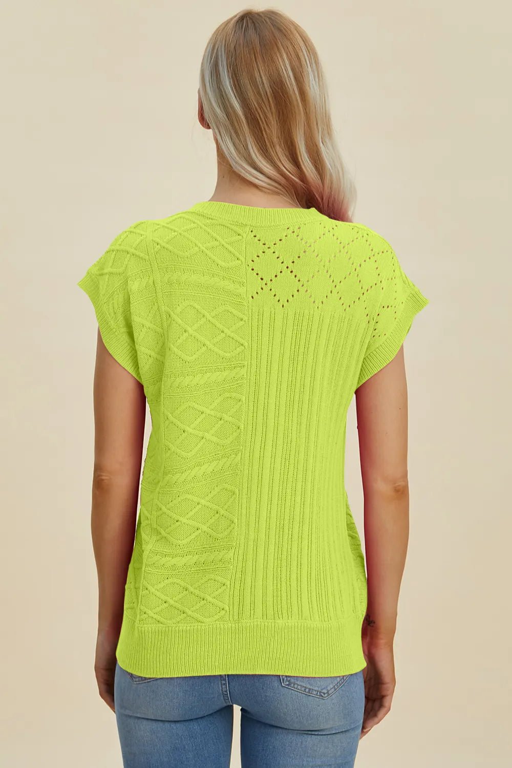 Double Take Full Size Cable - Knit Round Neck Cap Sleeve Sweater - Absolute Discounts