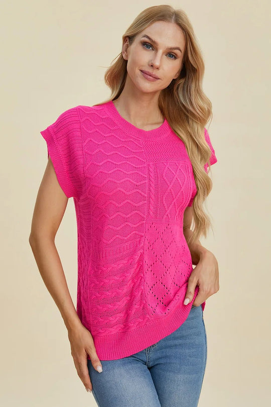 Double Take Full Size Cable - Knit Round Neck Cap Sleeve Sweater - Absolute Discounts