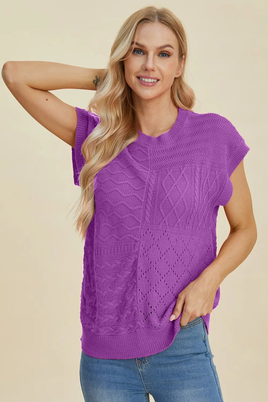 Double Take Full Size Cable - Knit Round Neck Cap Sleeve Sweater - Absolute Discounts