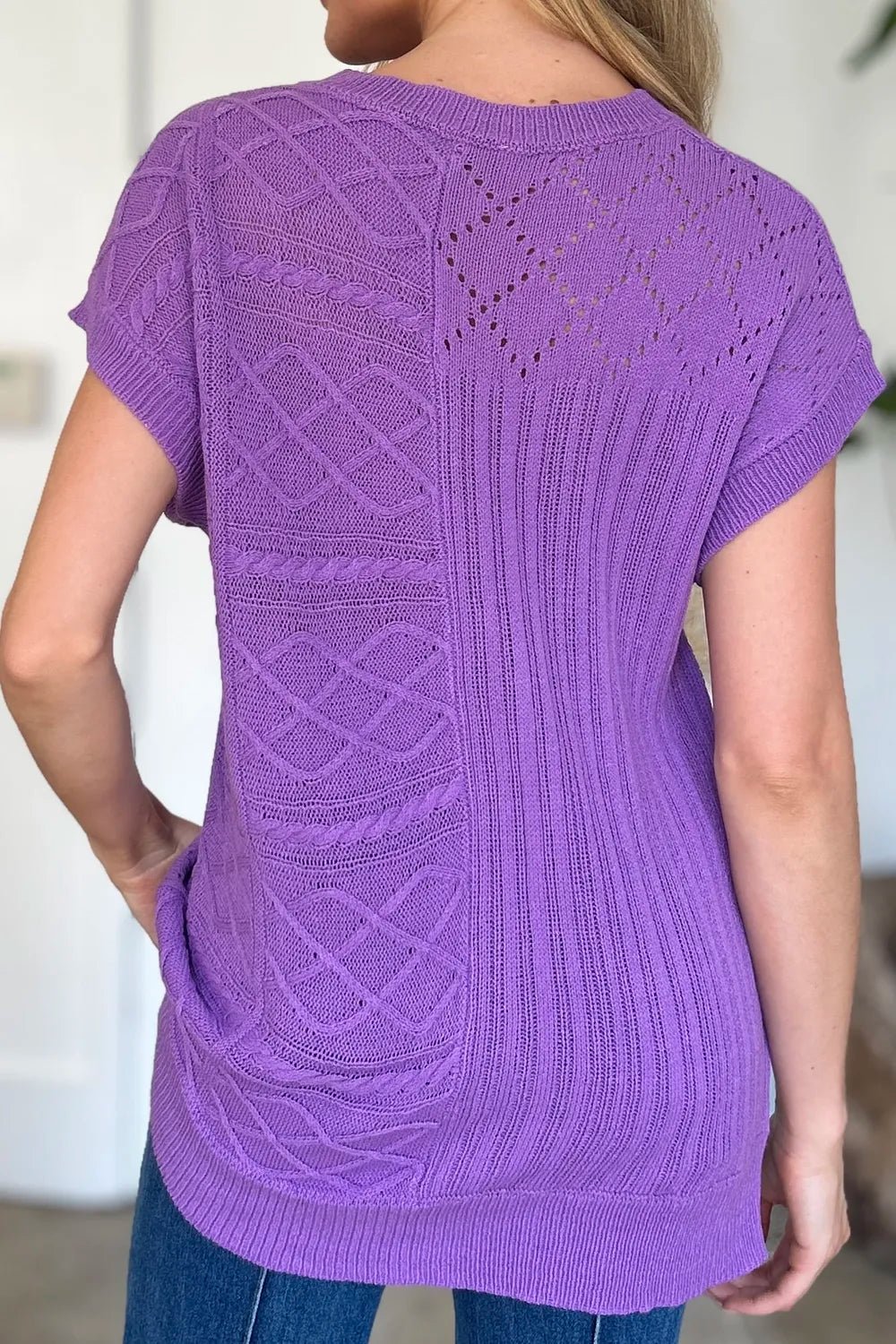 Double Take Full Size Cable - Knit Round Neck Cap Sleeve Sweater - Absolute Discounts