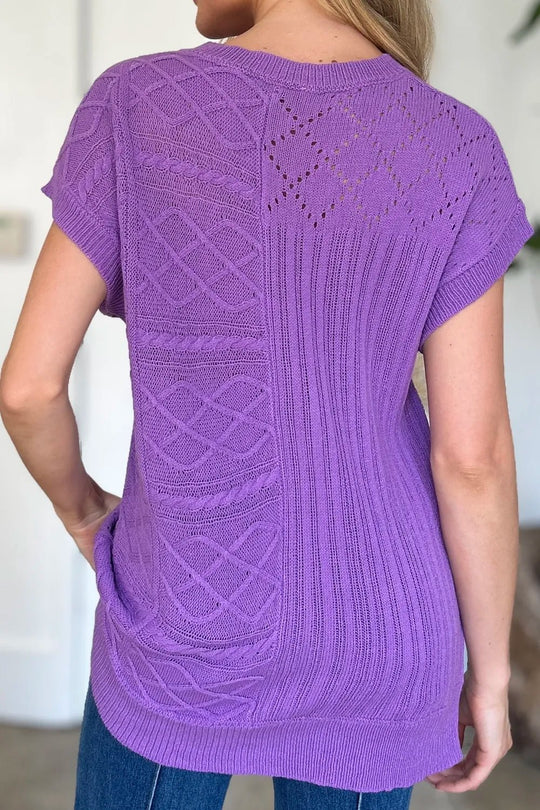 Double Take Full Size Cable - Knit Round Neck Cap Sleeve Sweater - Absolute Discounts
