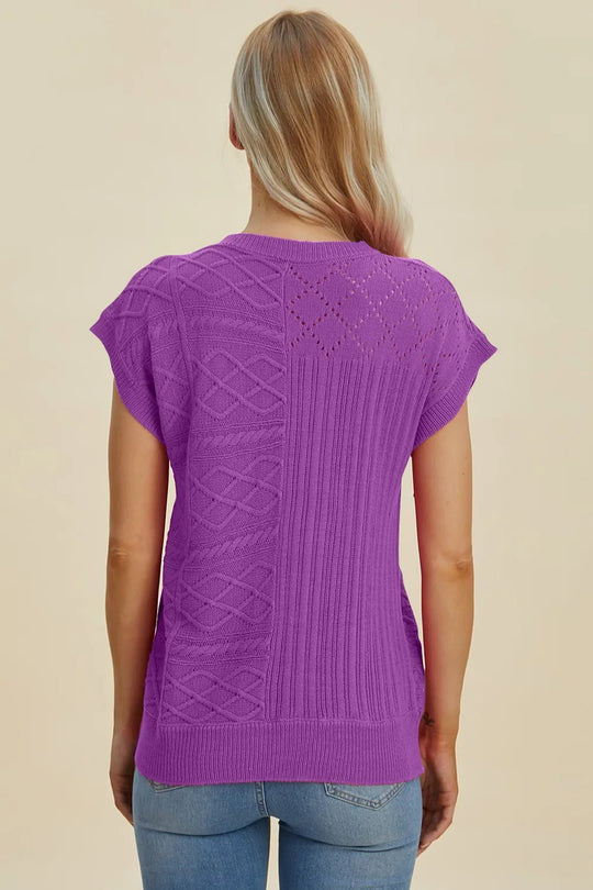 Double Take Full Size Cable - Knit Round Neck Cap Sleeve Sweater - Absolute Discounts