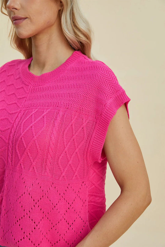 Double Take Full Size Cable - Knit Round Neck Cap Sleeve Sweater - Absolute Discounts